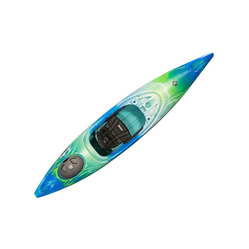 A single-person sit-on-top kayak with a blue, green, and teal swirled pattern, featuring a black foot pedal and seat, shown on a plain white background.