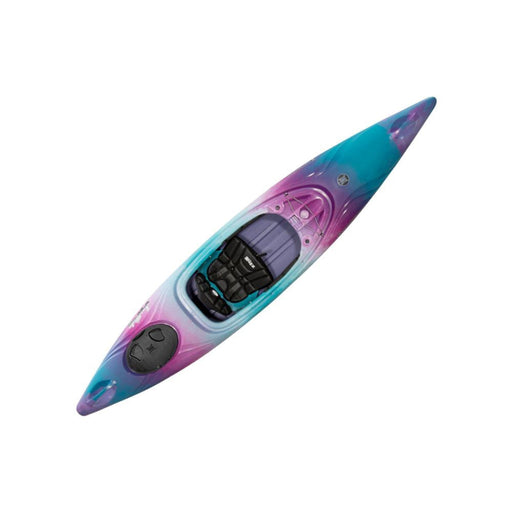 A single-person sit-on-top kayak with a vibrant teal, purple, and pink gradient finish, featuring a black footrest and seat, shown on a solid white background.