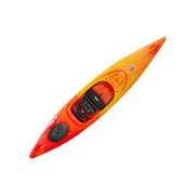 A single-person kayak shown diagonally on a plain white background, featuring a vibrant color gradient that transitions from bright orange at the front to yellow and then to a darker red near the rear. The kayak is equipped with black seat padding and a black circular hatch cover.