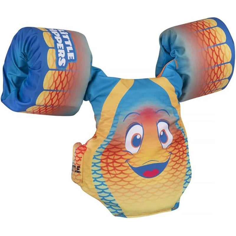 A multicolored children life vest with a fish pattern and face on a white background