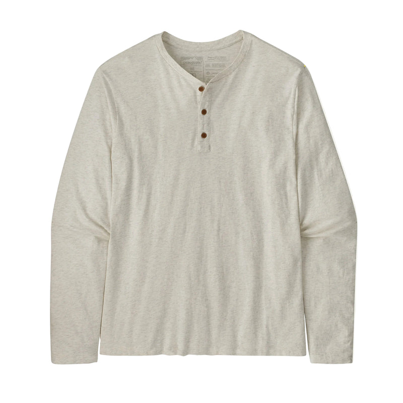 Beige long-sleeve henley shirt on a white background