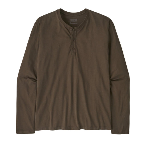 Brown long-sleeve henley shirt on a white background