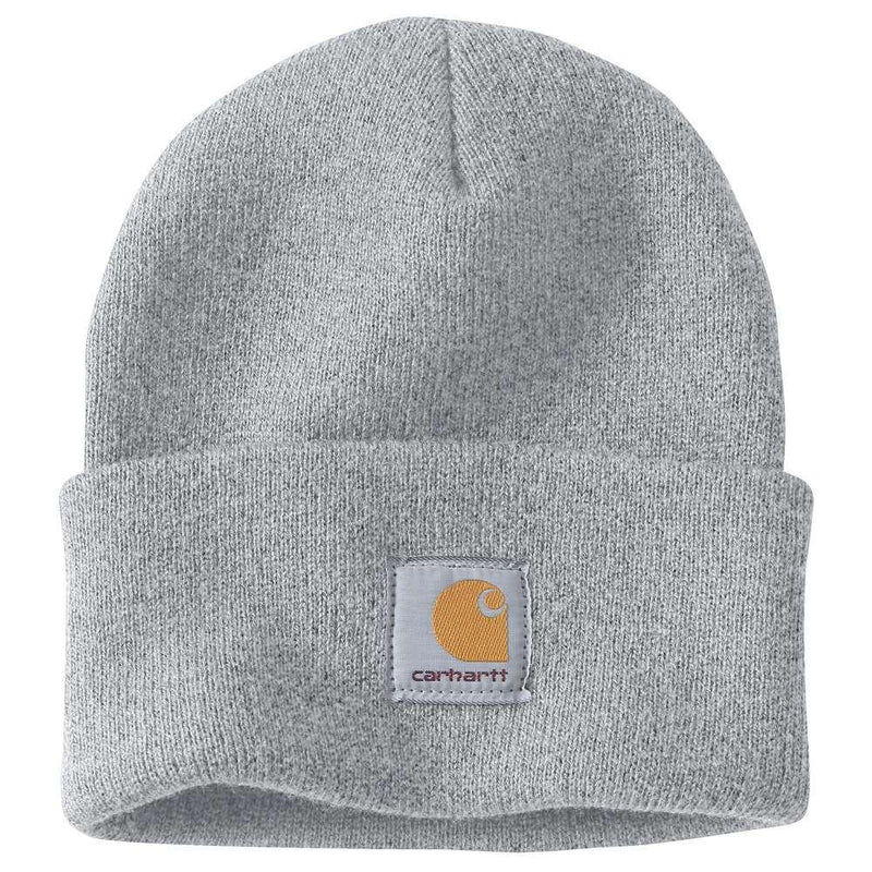 Gray knit beanie with Carhartt logo on a white background