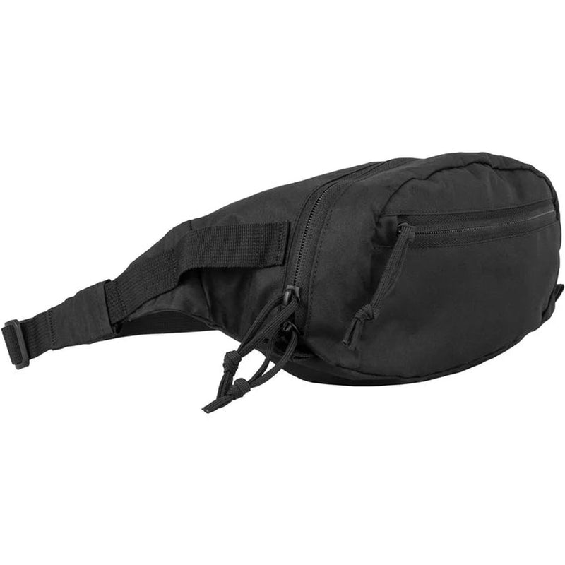A black nylon fanny pack with an adjustable webbing strap, a front zippered pocket, and a drawstring detail, shown against a plain white background.