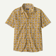 White and yellow patterned button down shirt on a white background.