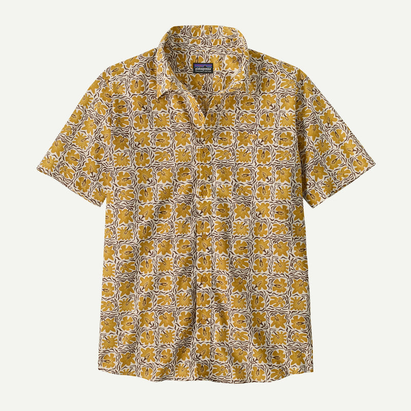 White and yellow patterned button down shirt on a white background.