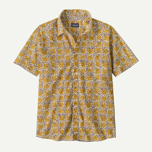 White and yellow patterned button down shirt on a white background.