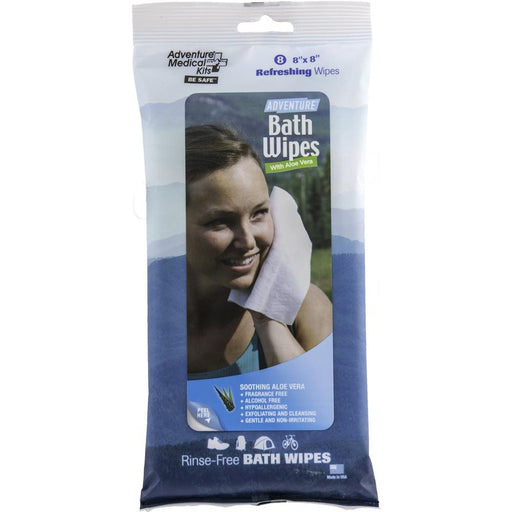 Adventure Medicines Bath Wipes in a resealable plastic package with a hanging tab. The package is white and blue with a photo of a woman holding a wipe to her face.