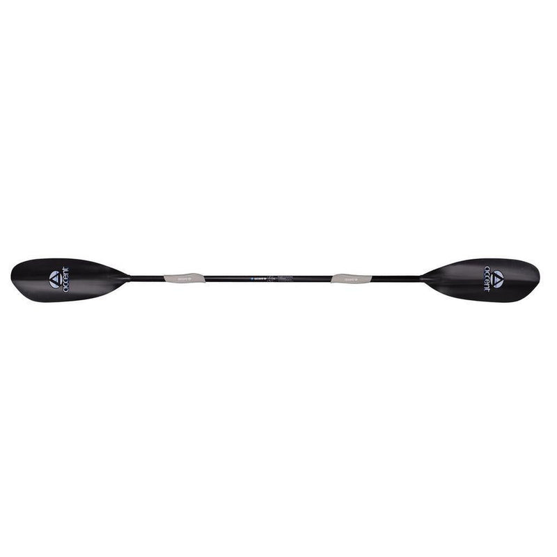 A black double sided paddle with gray handles on a white background