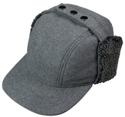 Top view of a gray brim cap with sherpa earflaps against a white background. 
