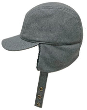 Gray brim cap with sherpa earflaps against a white background. 