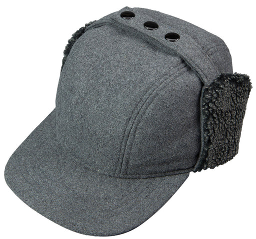 Top view of a gray brim cap with sherpa earflaps against a white background. 