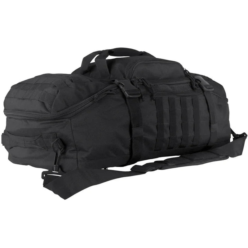 Black tactical duffel bag on a white background