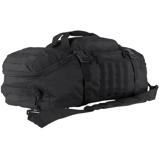Black tactical duffel bag on a white background