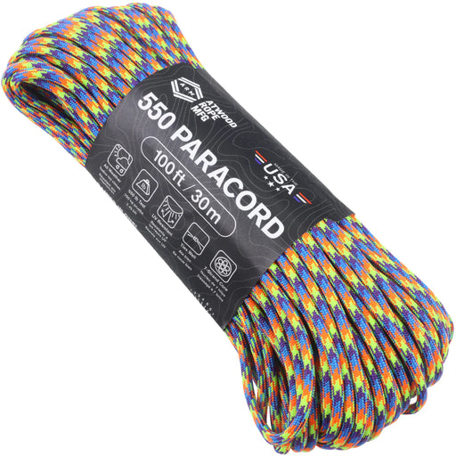 A coiled roll of multicolor paracord rope with a black paper label wrapped around it, photographed on a plain white background. The label reads '550 PARACORD', '100 ft / 30m', and shows the brand 'Lupaca' with 'USA' text.
