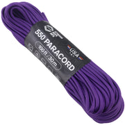 Purple 550 paracord rope coiled with a black paper label that reads '550 PARACORD 100 ft / 30 m' and 'Alpena Outdoors', on a plain white background.