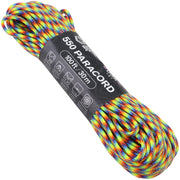 A 100 ft (30 m) coil of 550 Paracord rope with a black paper label, featuring a vibrant multicolor pattern of red, orange, yellow, green, and blue threads.