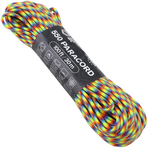 A 100 ft (30 m) coil of 550 Paracord rope with a black paper label, featuring a vibrant multicolor pattern of red, orange, yellow, green, and blue threads.