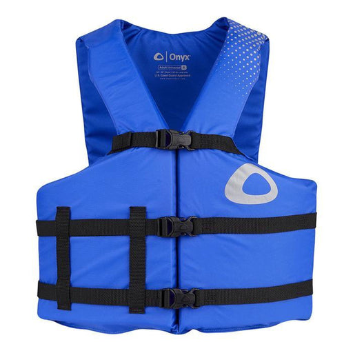 A blue life jacket with black straps on a white background