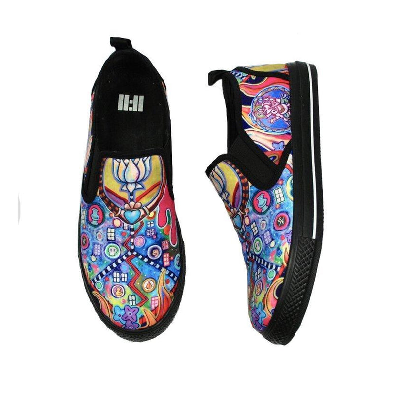 A pair of slip-on casual shoes with a vibrant, multicolored psychedelic pattern featuring pop culture icons and abstract designs, set against a plain white background.