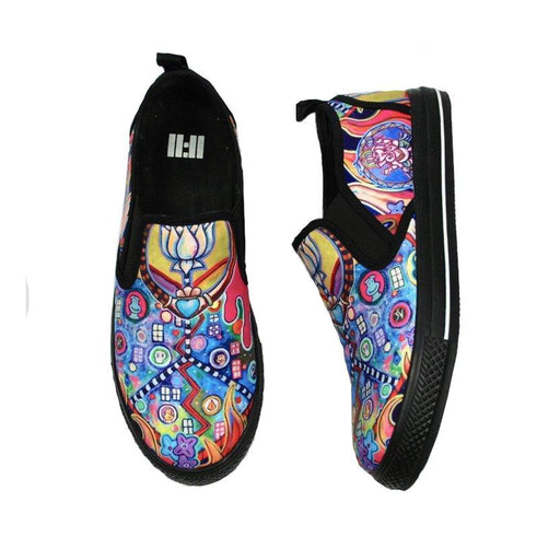 A pair of slip-on casual shoes with a vibrant, multicolored psychedelic pattern featuring pop culture icons and abstract designs, set against a plain white background.