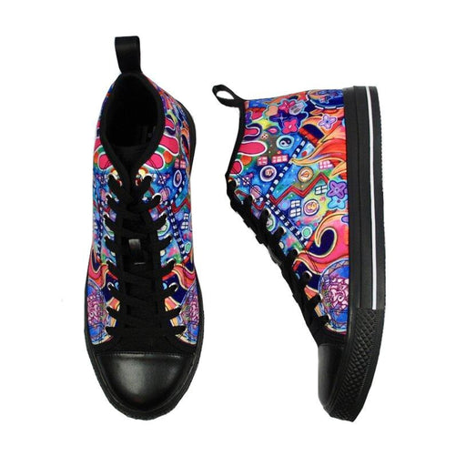 A pair of high-top sneakers with a vibrant, multicolored psychedelic pattern on the canvas uppers and solid black soles, laces, and toe caps, shown from two angles on a white background.