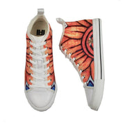A pair of white high-top canvas sneakers featuring a vibrant orange and red sunflower design on the upper, with blue accents near the toe and white laces.