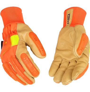 Lined Hi Vis Orange Grain Pigskin Palm Glove with Impact Protection and Knit Wrist