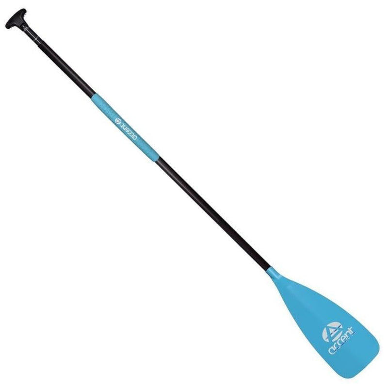 A black paddle with an blue blade and handle on a white background