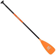 A black paddle with an orange blade and handle on a white background