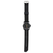 A black watch with black straps on a white background