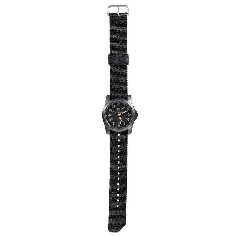 A black watch with black straps on a white background