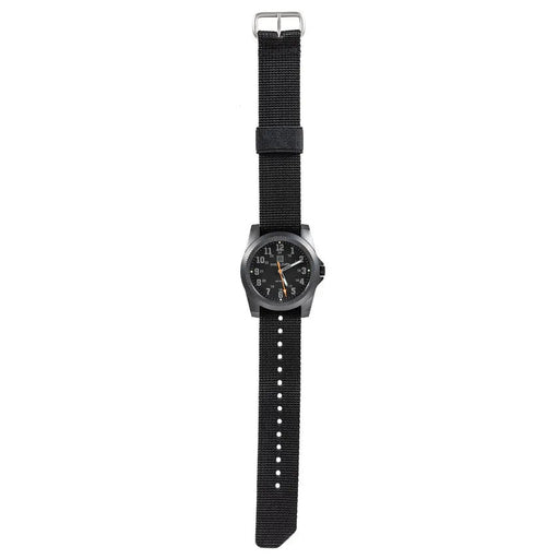 A black watch with black straps on a white background