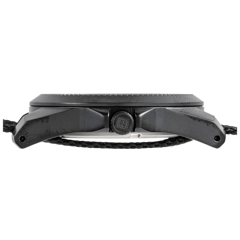 The side of a black watch on a white background