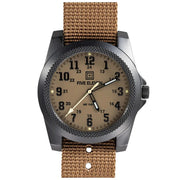 A brown and black watch on a white background