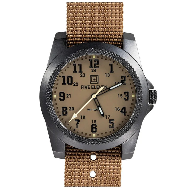 A brown and black watch on a white background