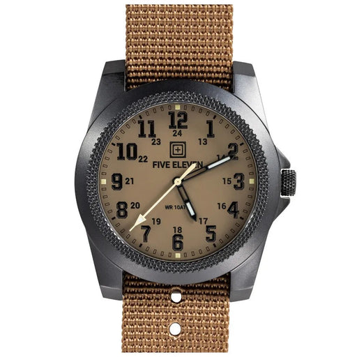 A brown and black watch on a white background