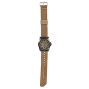 A brown and black watch with brown straps on a white background