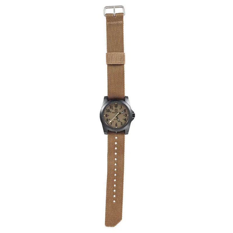 A brown and black watch with brown straps on a white background