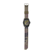 A camo patterned watch with camo straps on a white background