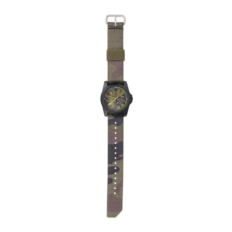A camo patterned watch with camo straps on a white background