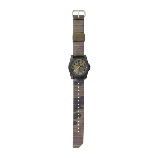 A camo patterned watch with camo straps on a white background
