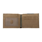 A open light camo wallet with a brown inside on a white background