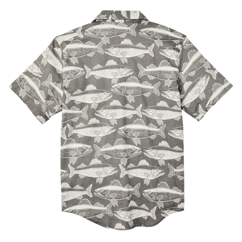 Short-sleeve shirt with fish pattern on a gray background