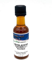 A bottle of 'Buck Juices with Musk and Buck Semen' labeled for deer hunting.