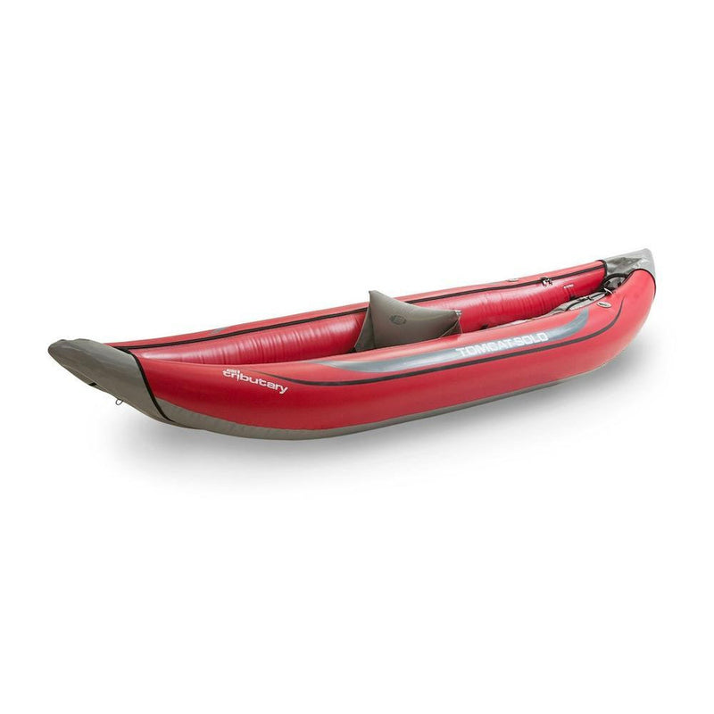 Red and gray inflatable double kayak shown on a clean white background.