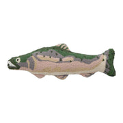 Green, gray, and pink fish shaped throw pillow against a white background. 