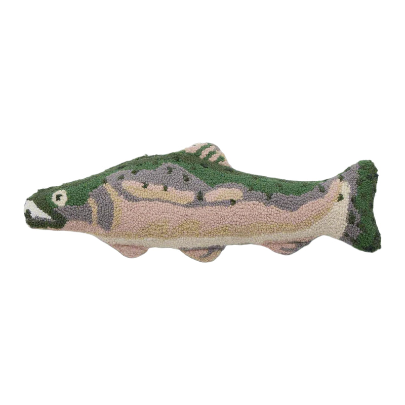 Green, gray, and pink fish shaped throw pillow against a white background. 