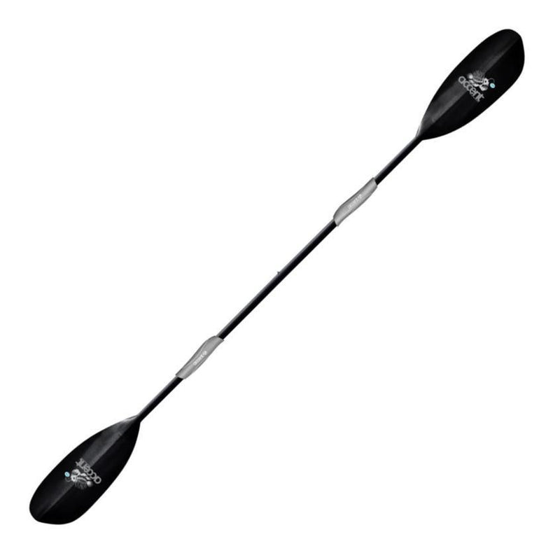 A black double sided paddle with gray handles on a white background