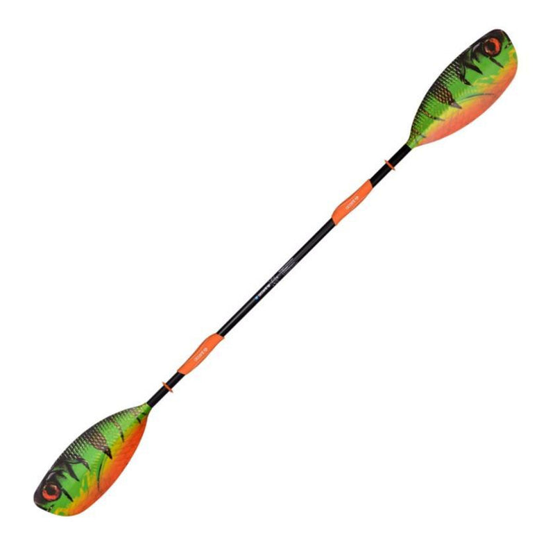 A black double sided paddle with a fish pattern on the blades on a white background